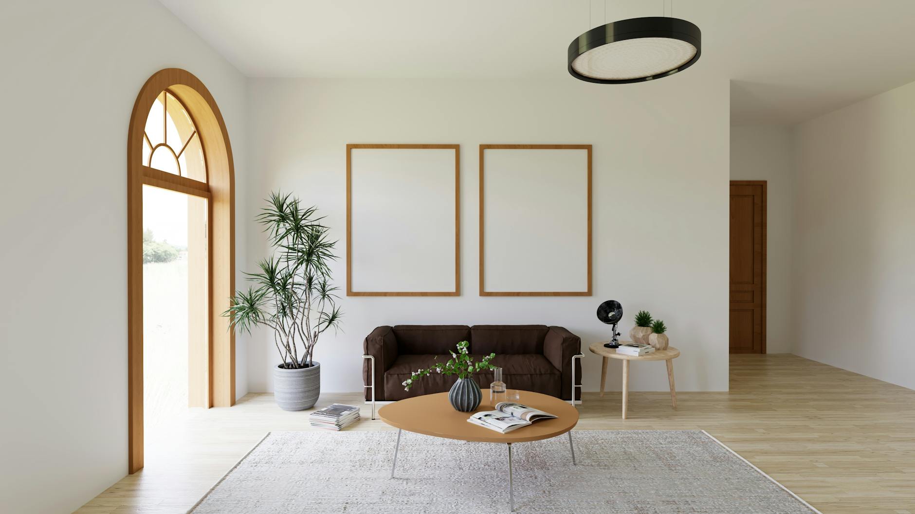 Minimalist living room with neutral tones, warm afternoon light, and a framed print above a brown sofa