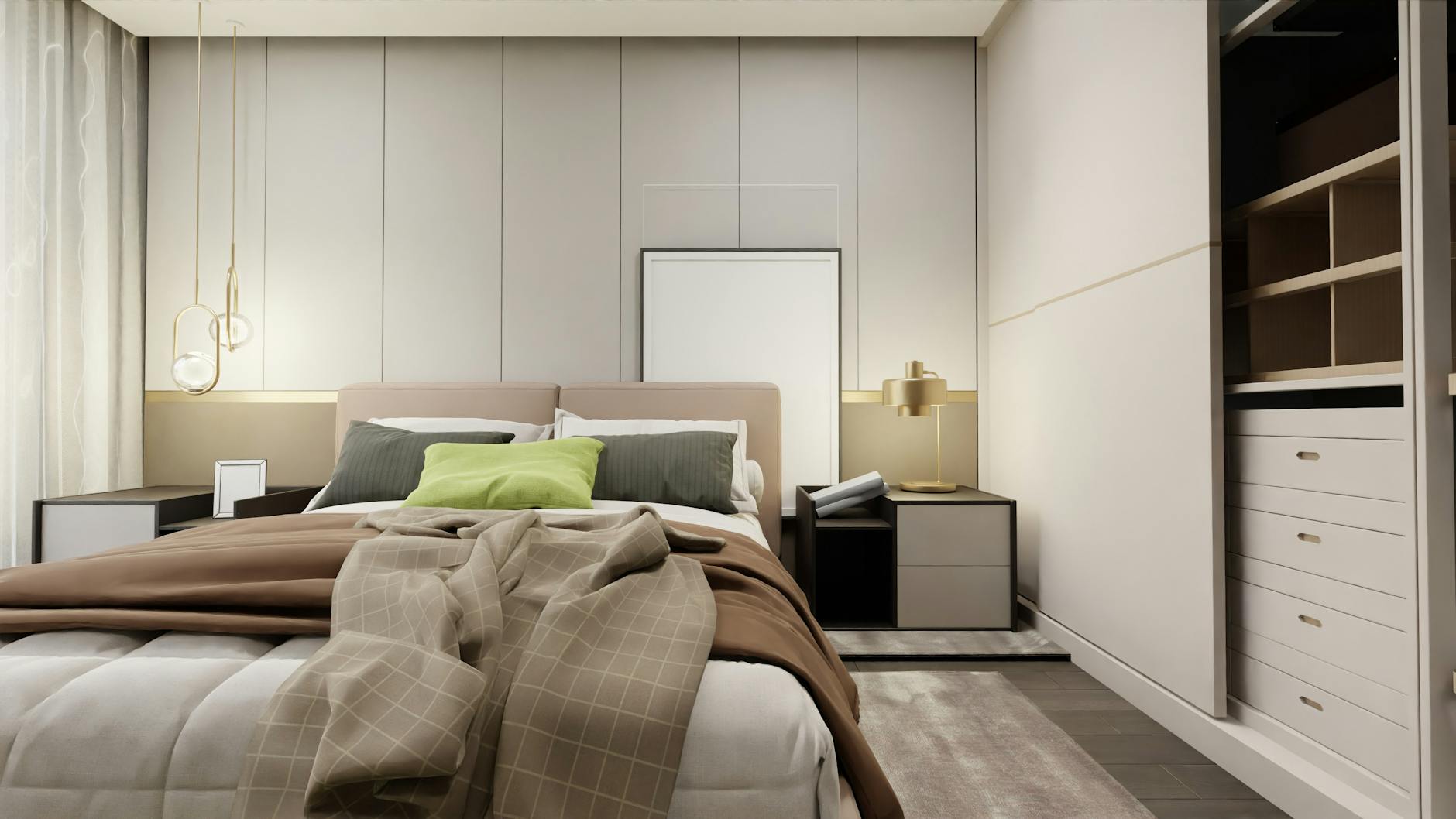 Minimalist bedroom with soft lighting and a framed art print on a white wall, neutral tones and muted colors