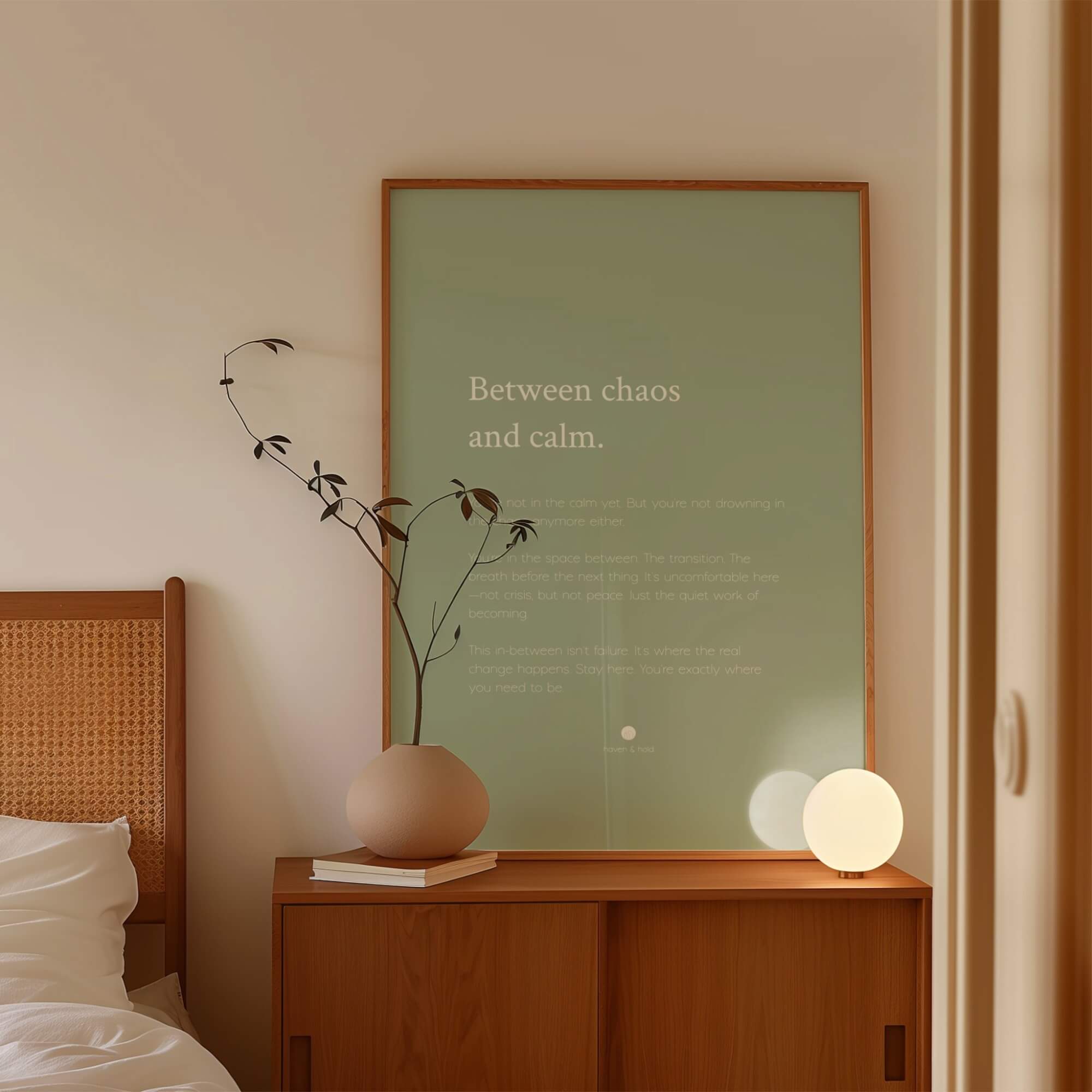 Between Chaos and Calm framed wall art print in light wood frame