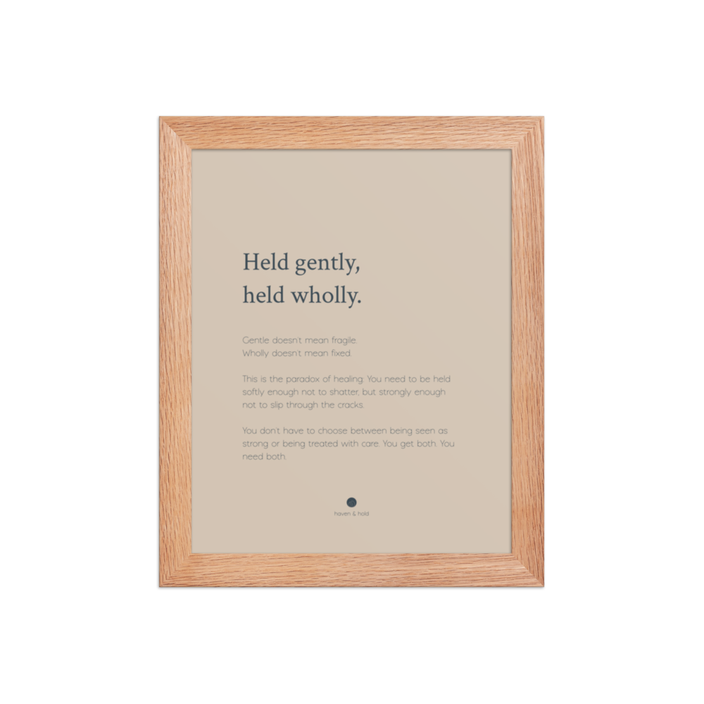 Held Gently Held Wholly framed wall art print in natural wood frame, studio product view