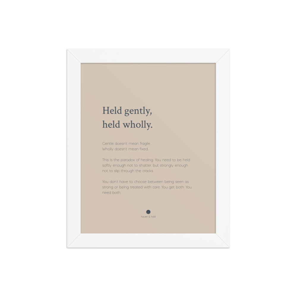 Held Gently Held Wholly framed wall art print in white frame, studio product view