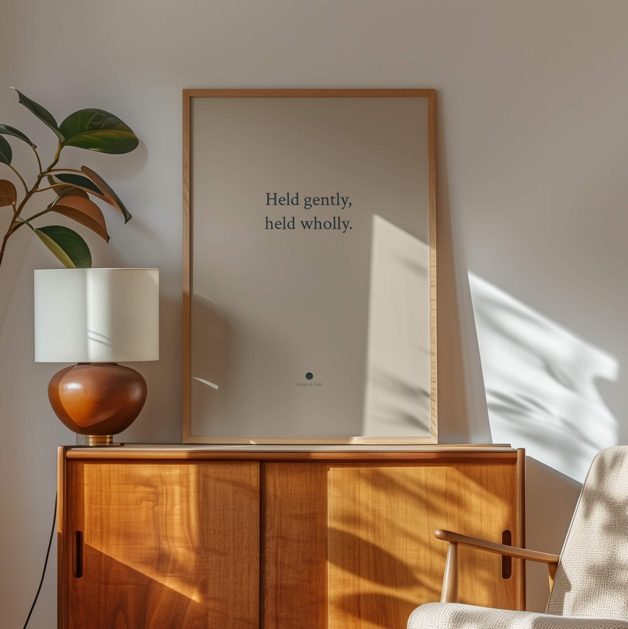 Held Gently Held Wholly framed typography print in black frame