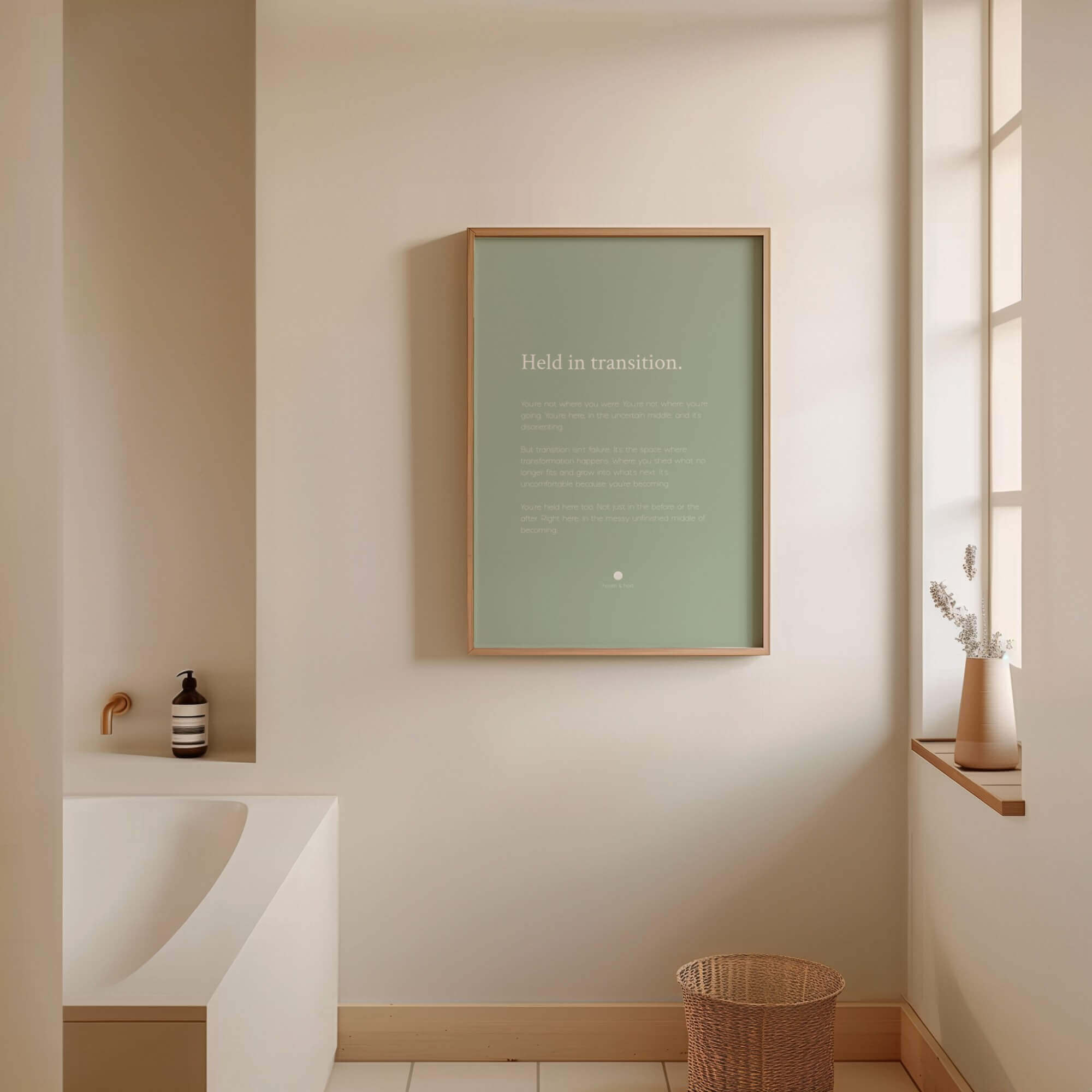 Held in Transition framed wall art print in light wood frame