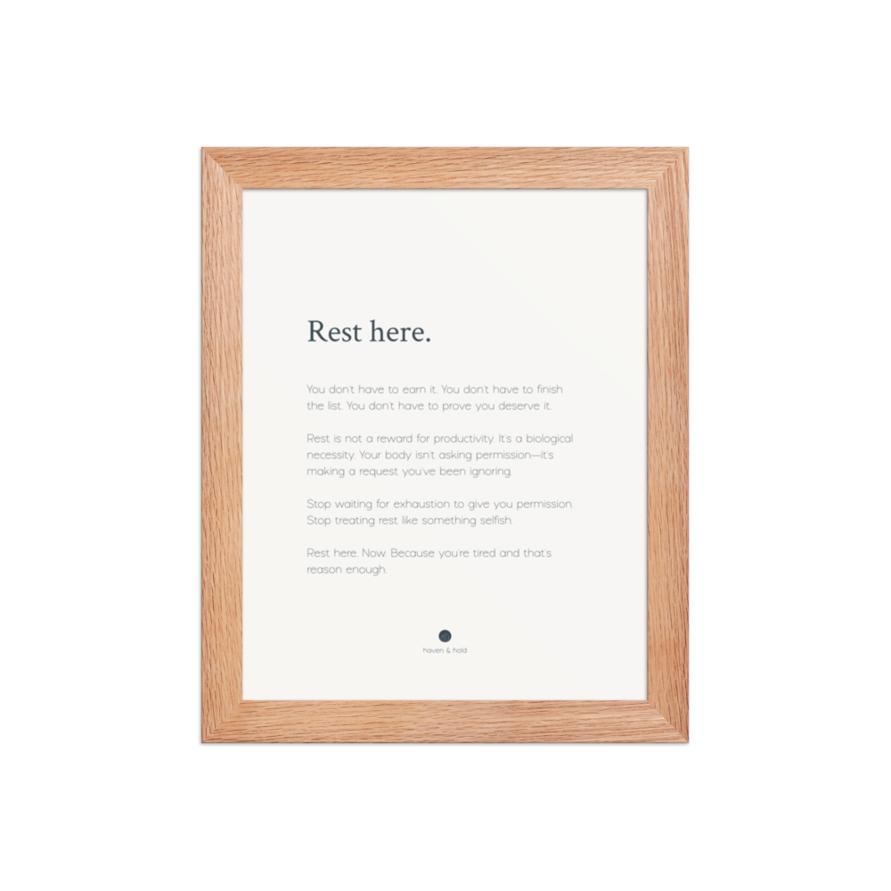 Rest Here framed wall art print in natural wood frame, studio product view