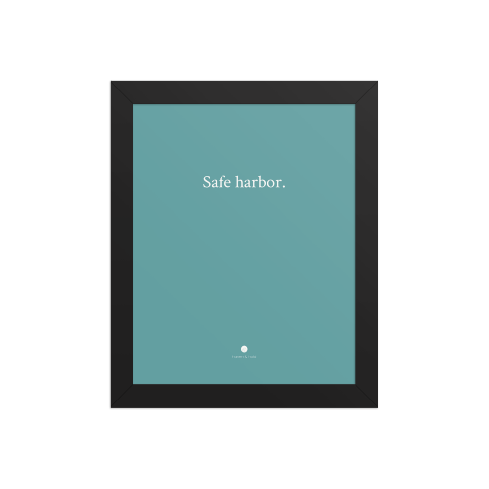Safe Harbor framed typography print in black frame, studio product view