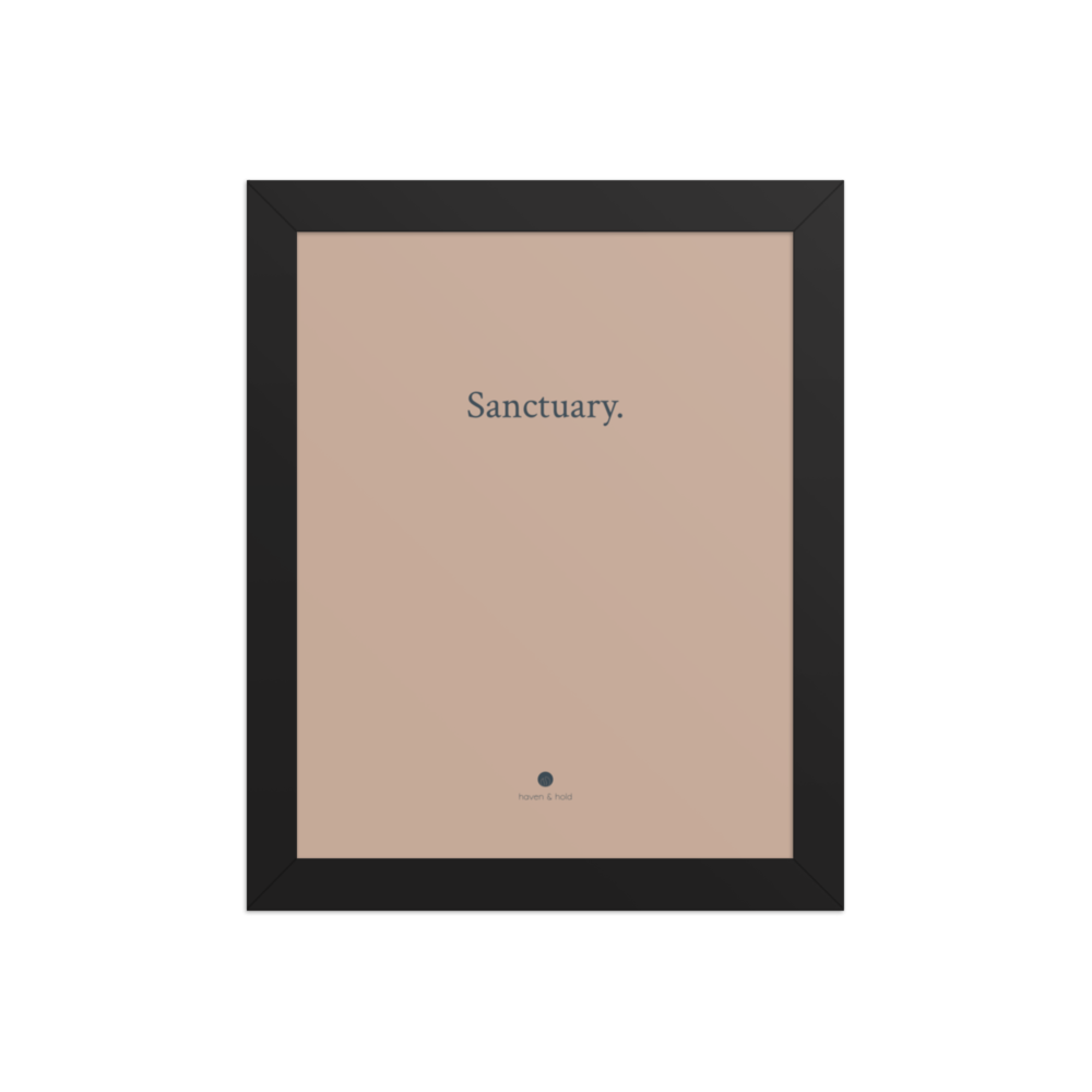 Sanctuary framed typography print in black frame, studio product view