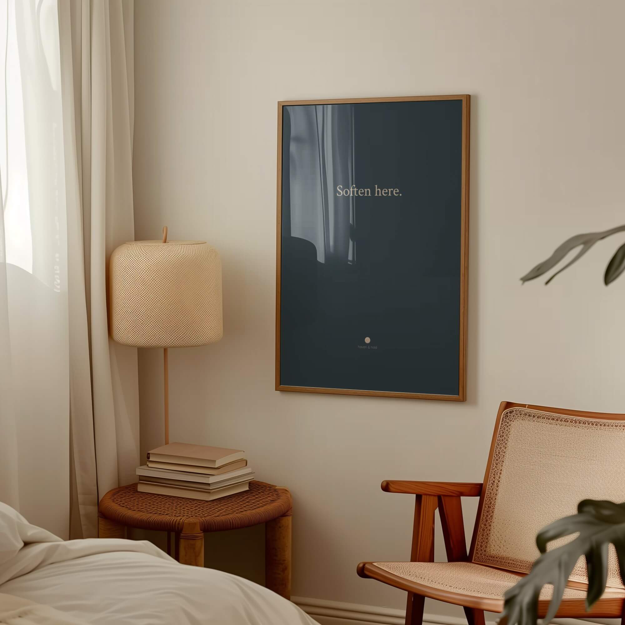 Soften Here framed typography print in natural wood frame