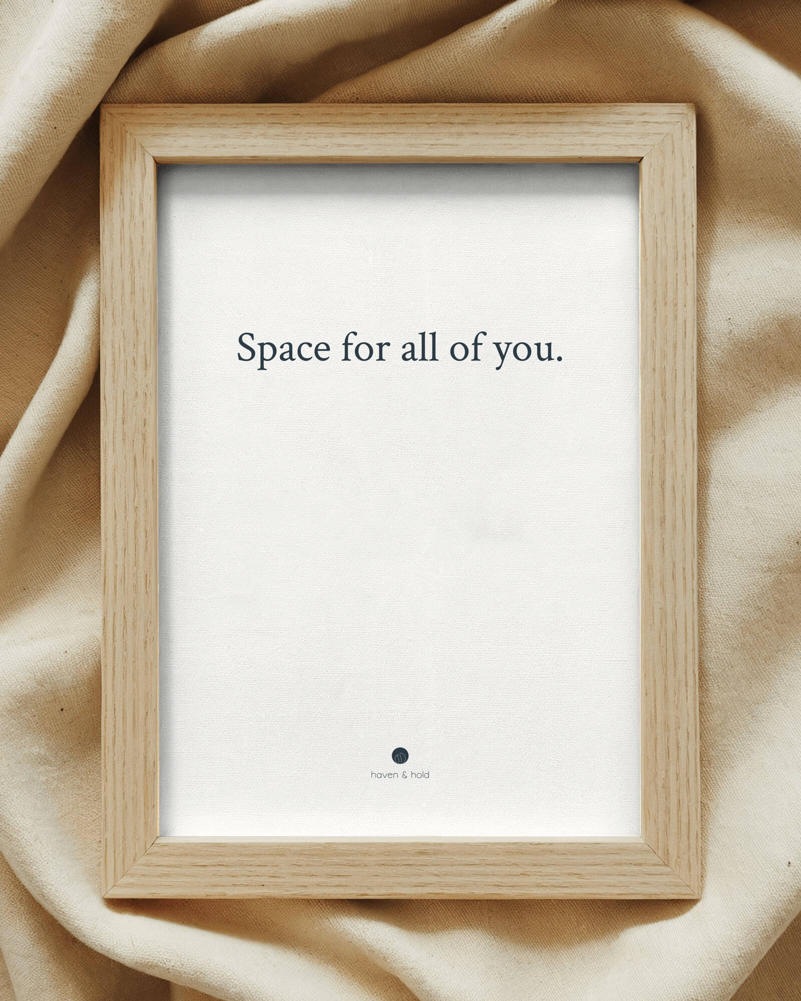 Space for All of You typography print framed on a shelf or small table, close room context mockup