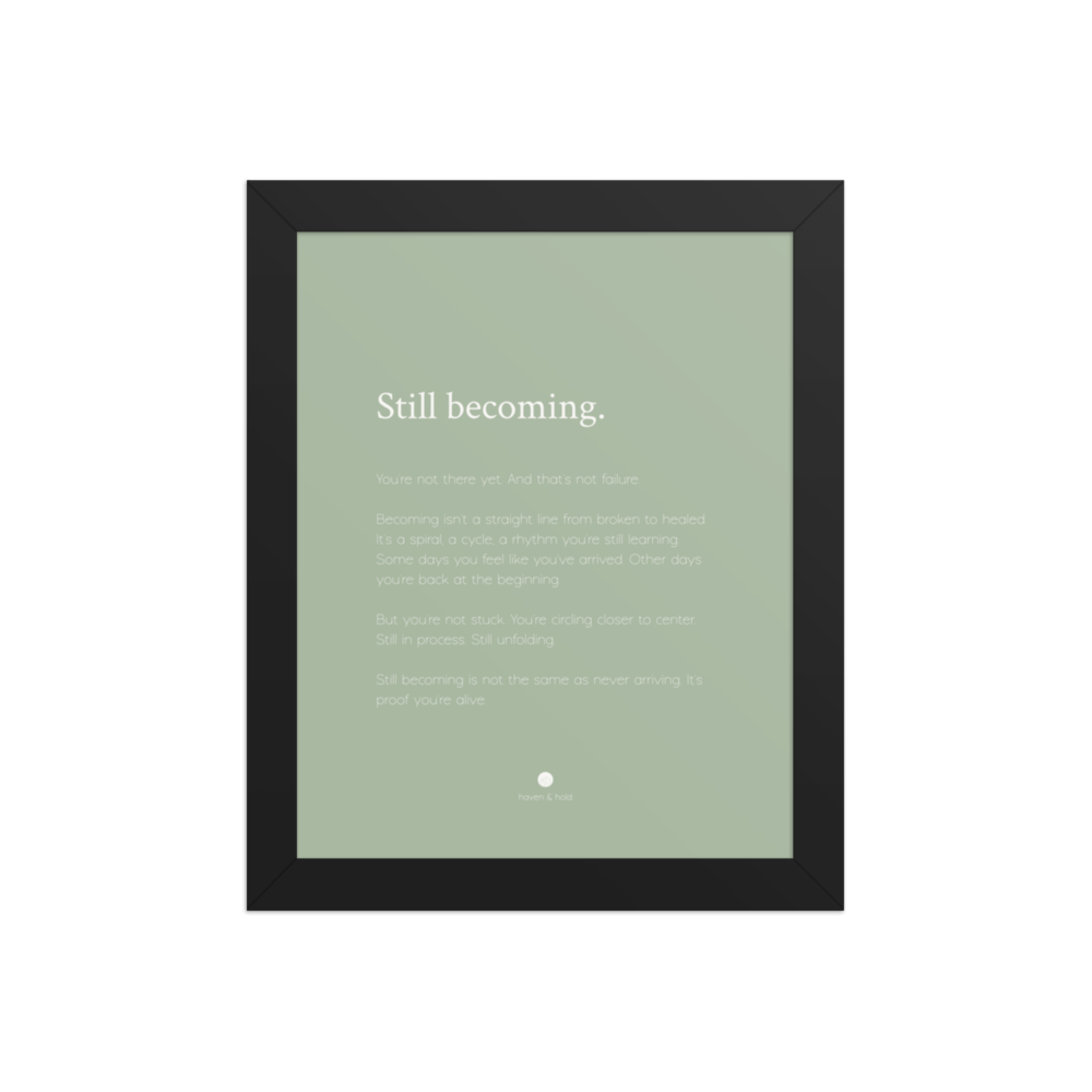 Still Becoming framed wall art print in black frame, studio product view