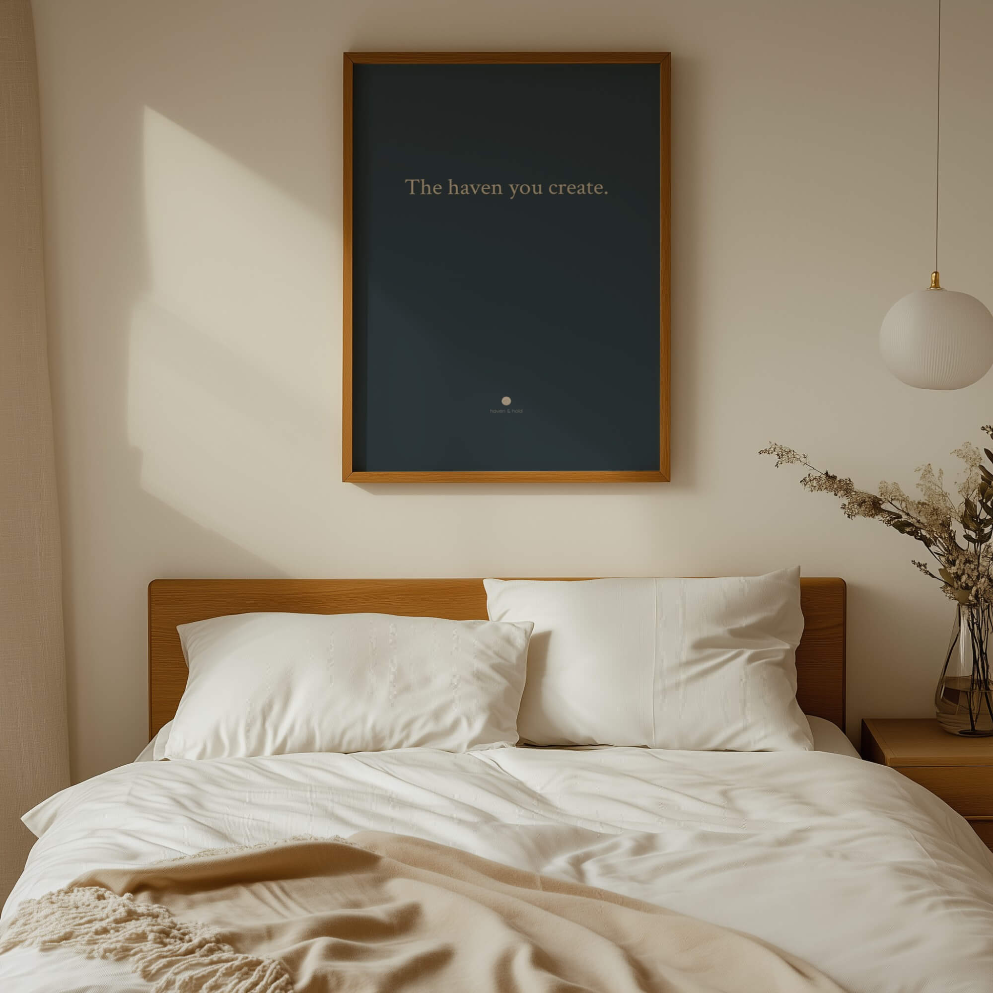 The Haven You Create typography print framed in a warm room setting, room context mockup