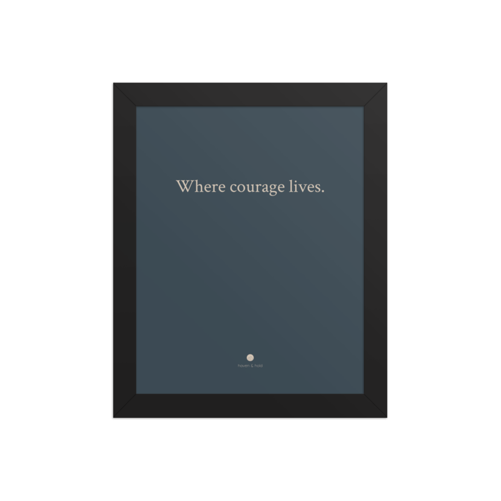 Where Courage Lives framed typography print in black frame, studio product view