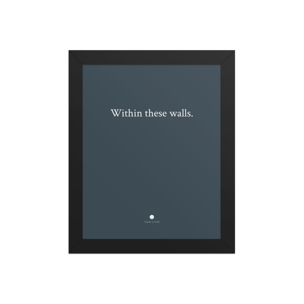 Within These Walls framed typography print in black frame, studio product view
