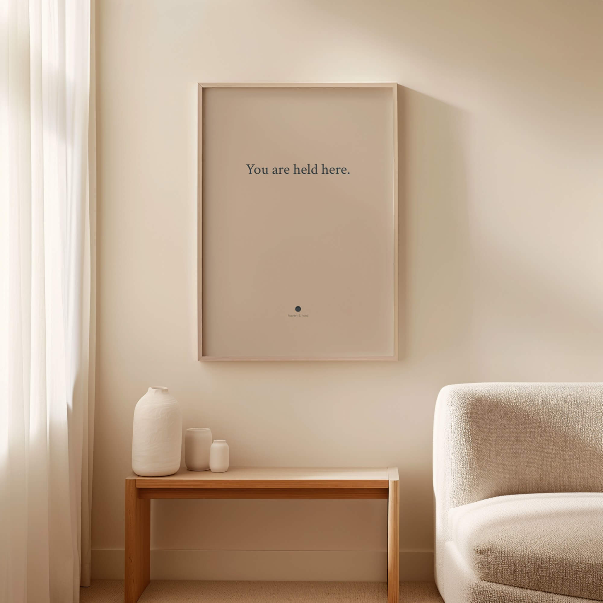 You Are Held Here framed typography print in walnut frame