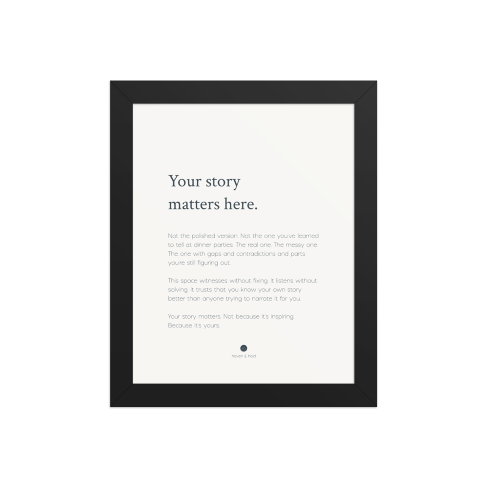Your Story Matters Here framed wall art print in black frame, studio product view