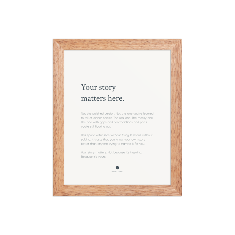 Your Story Matters Here framed wall art print in natural wood frame, studio product view