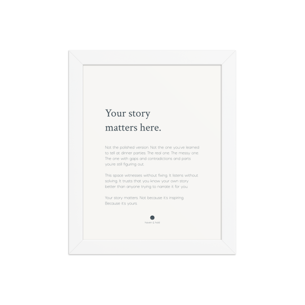 Your Story Matters Here framed wall art print in white frame, studio product view