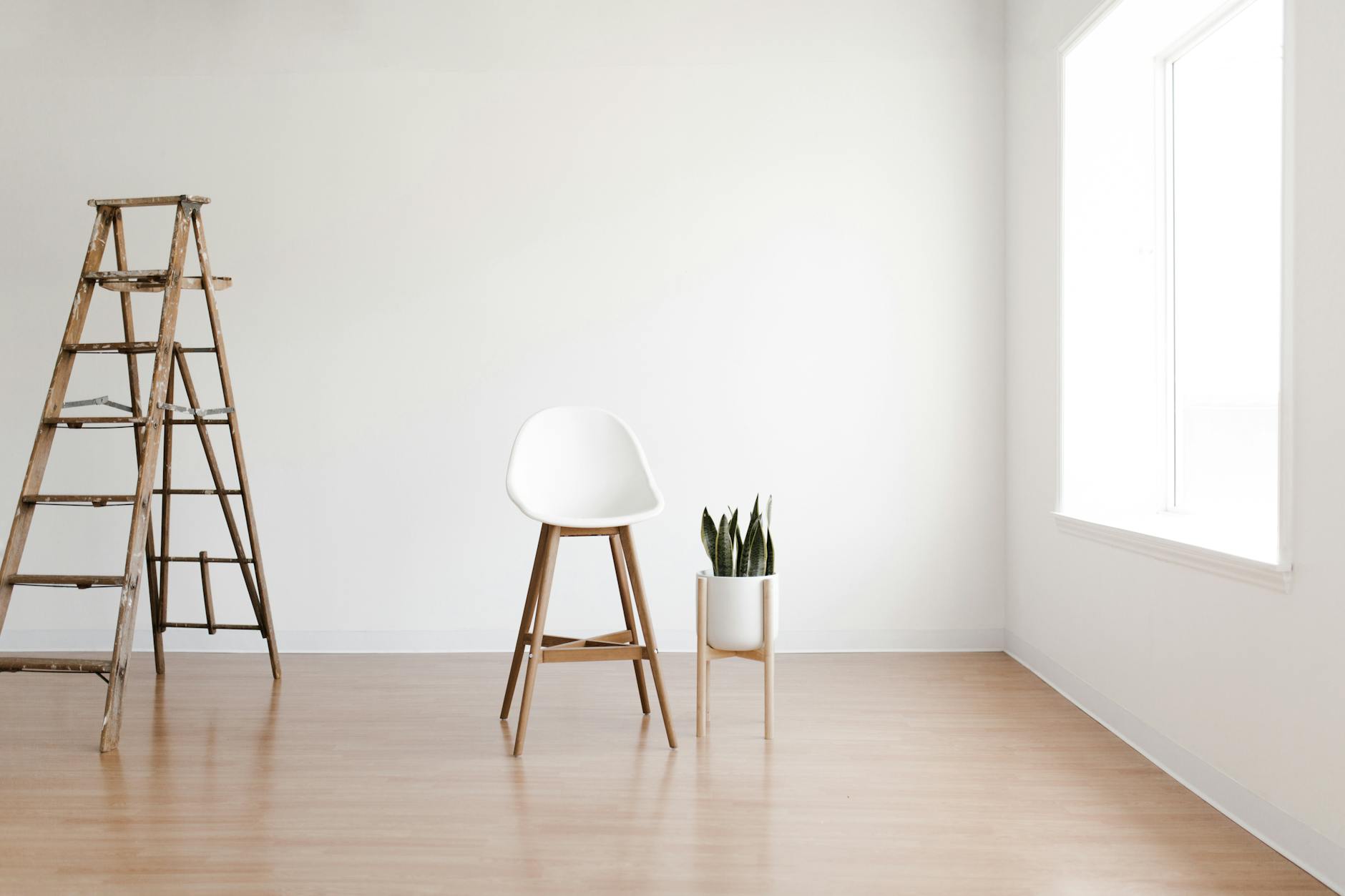 Minimalist interior with white chair, wooden ladder, and snake plant by a sun-filled window, calm and uncluttered