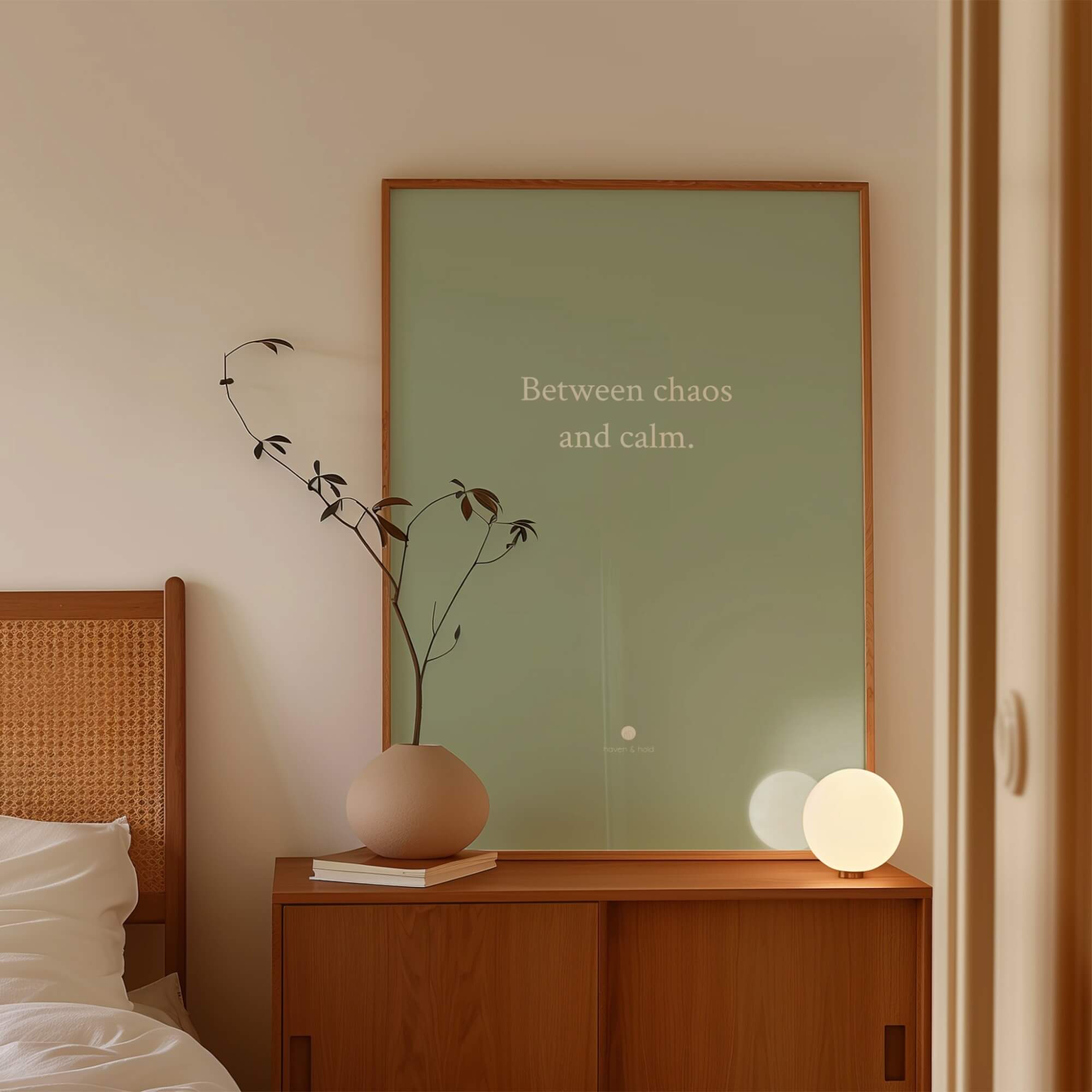 Between Chaos and Calm typography print framed in a neutral room setting, room context mockup