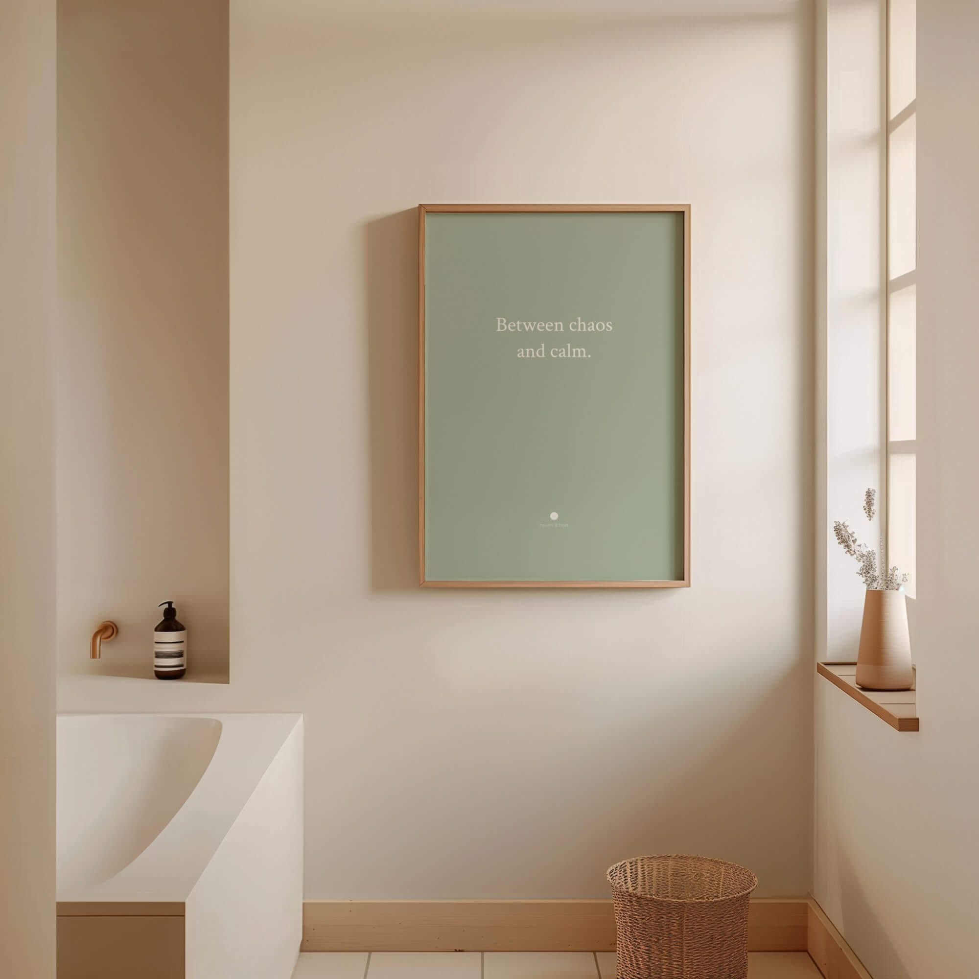 Between Chaos and Calm typography print framed in a neutral room setting, room context mockup