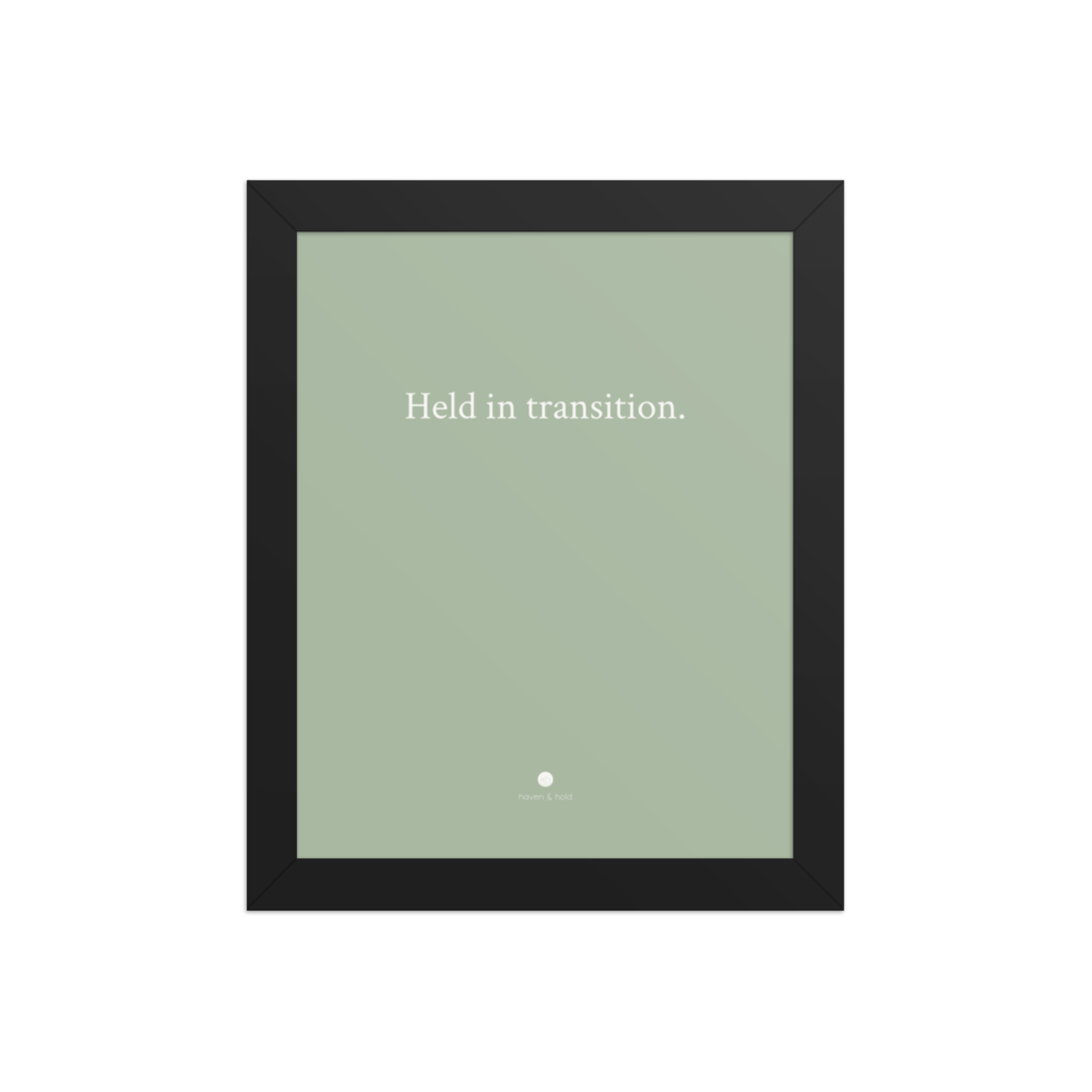 Held In Transition framed wall art print in black frame, studio product view