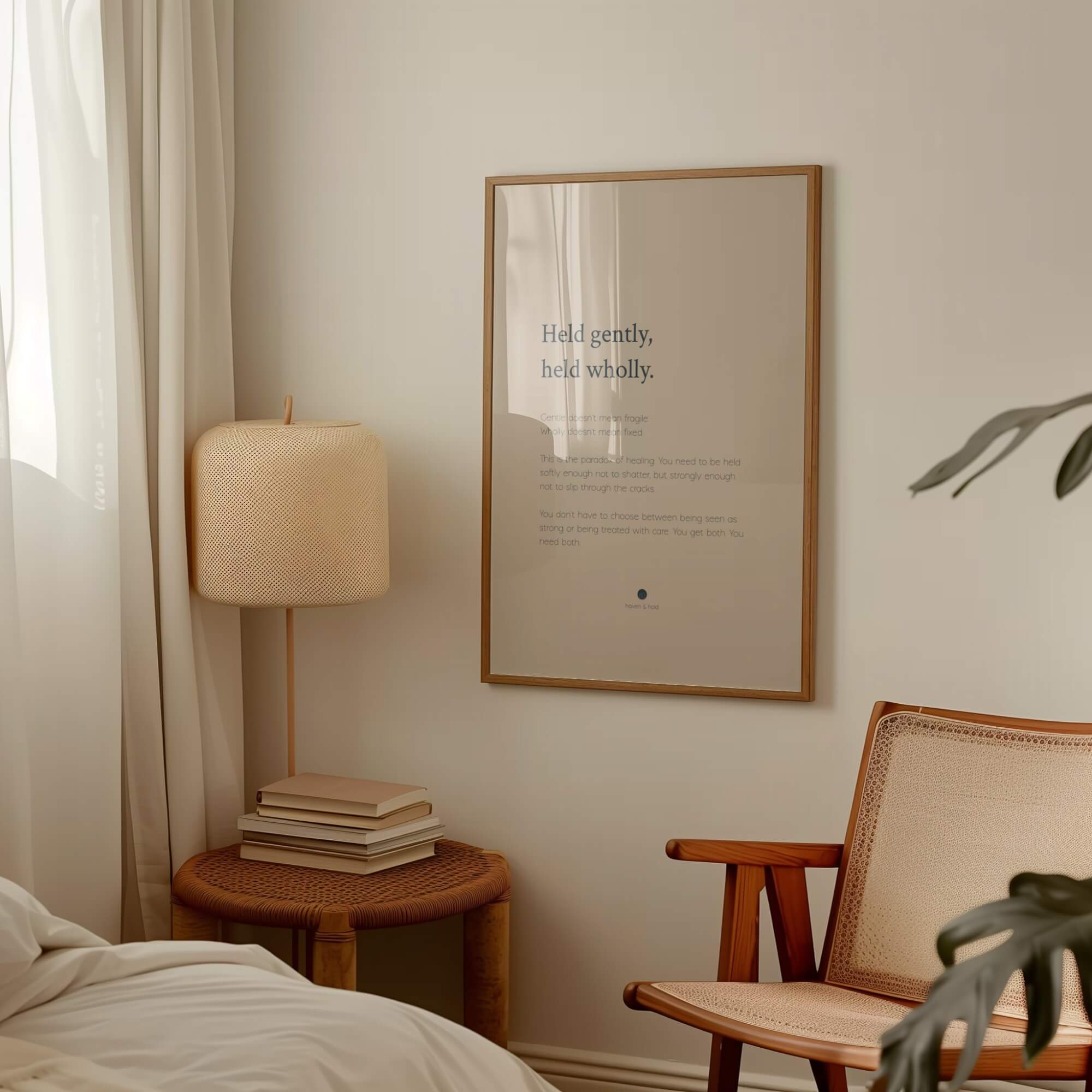 Held Gently Held Wholly framed wall art print in white frame