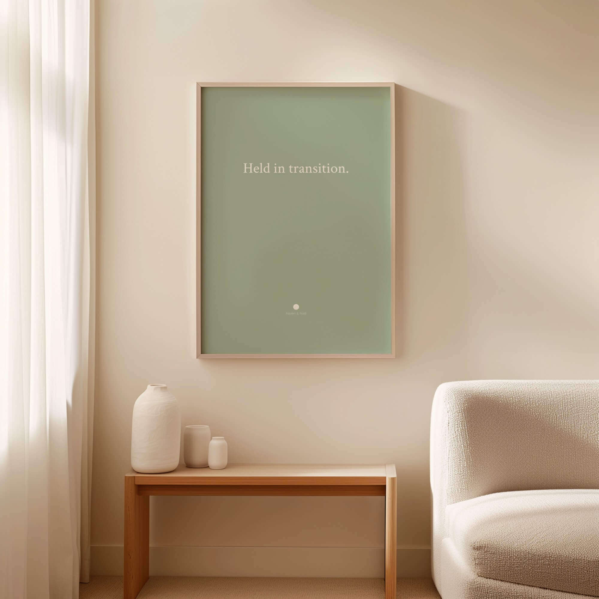 Held in Transition framed typography print in oak frame