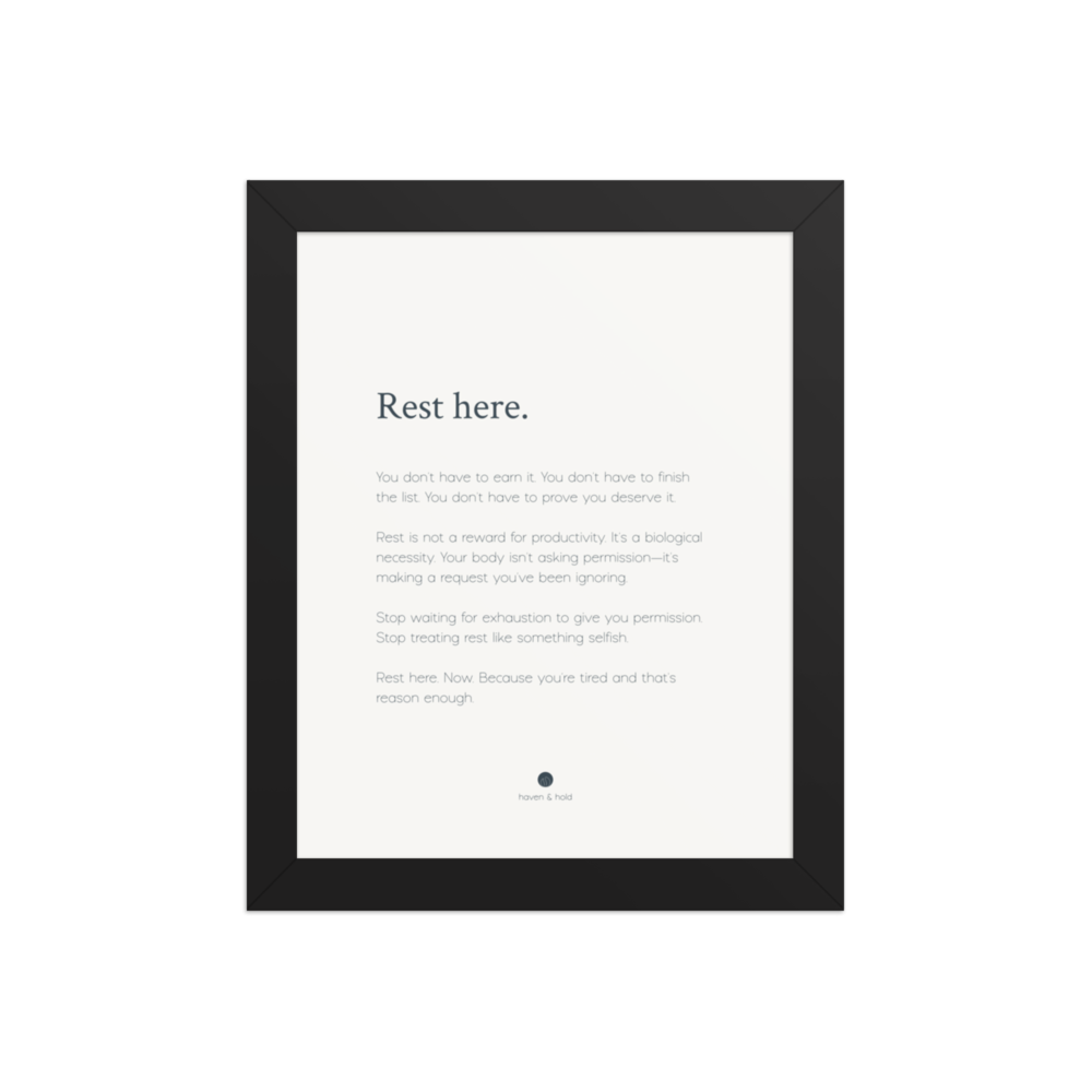 Rest Here framed wall art print in black frame, studio product view