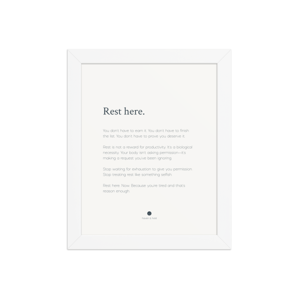 Rest Here framed wall art print in white frame, studio product view