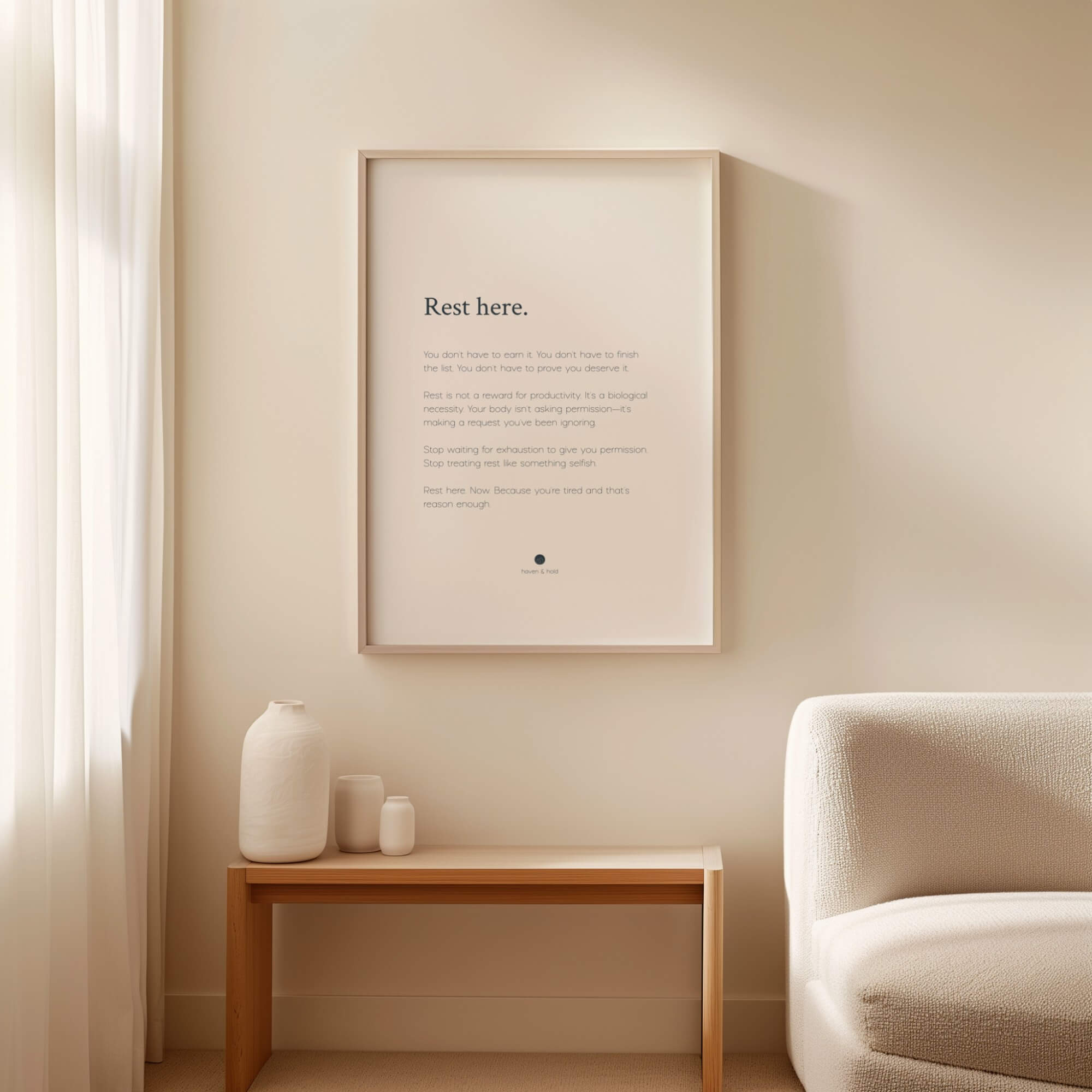 Rest Here framed wall art print by Haven and Hold