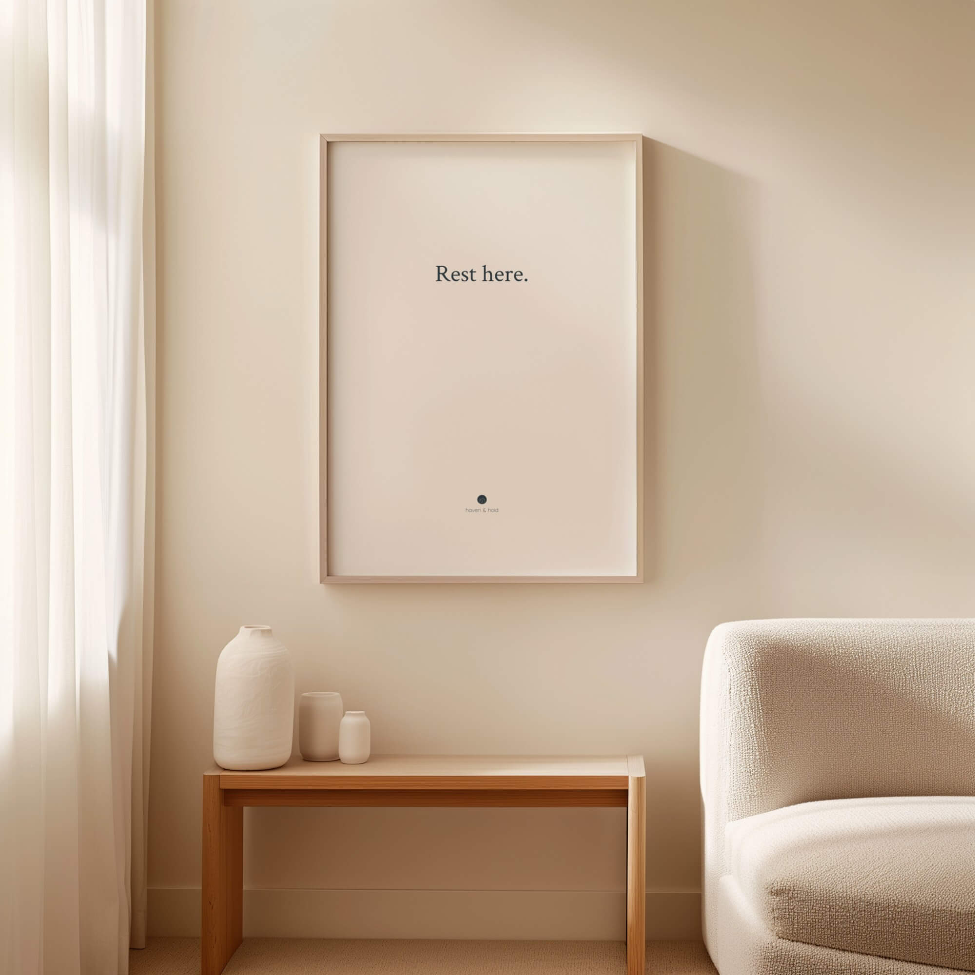 Rest Here framed typography print in light wood frame