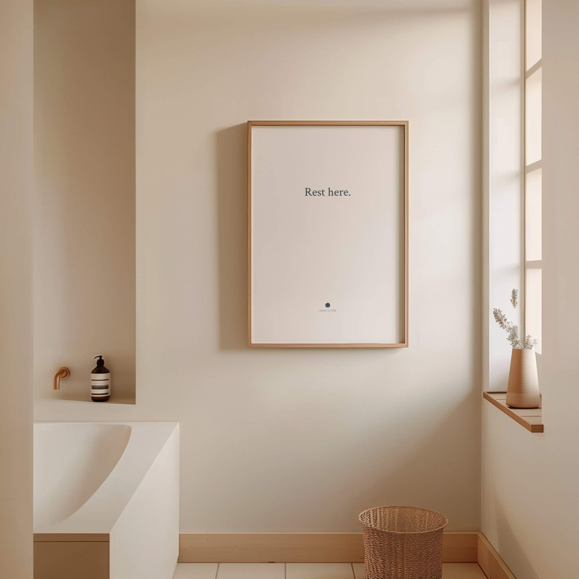 Rest Here framed typography print in light wood frame