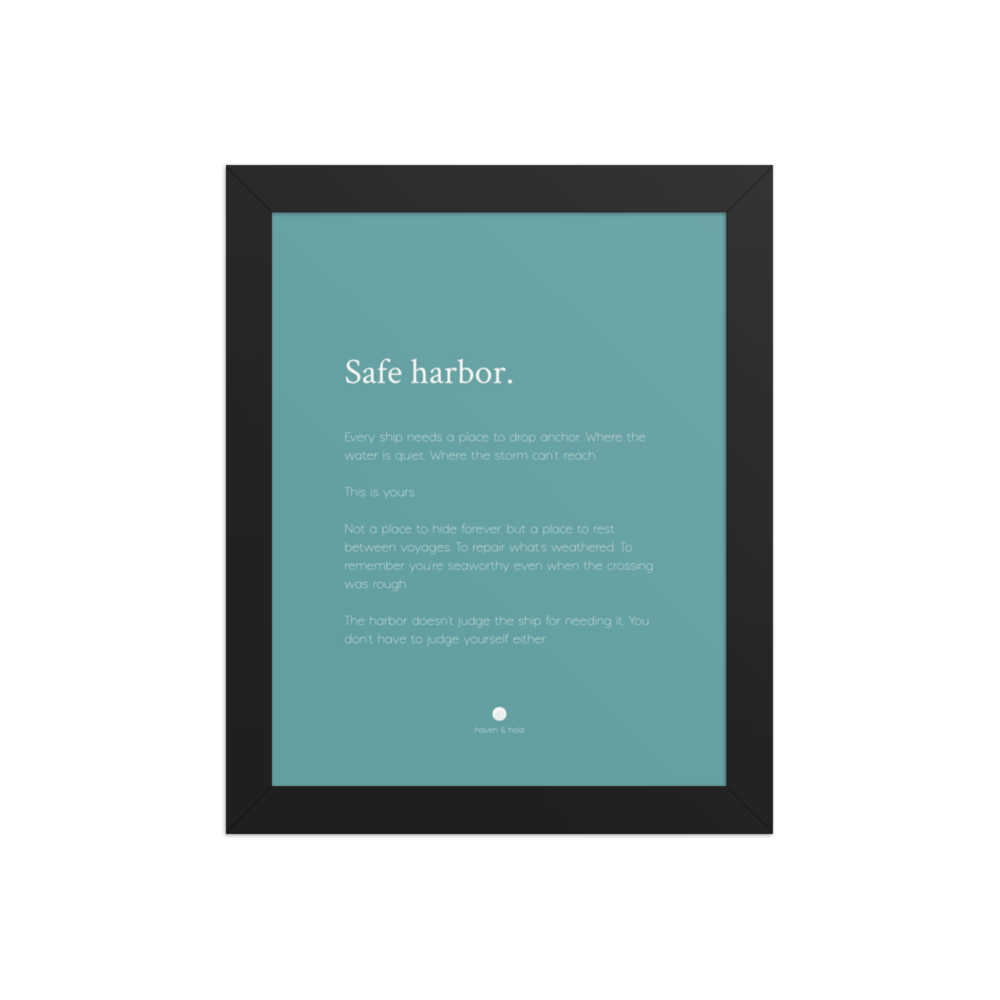 Safe Harbor framed wall art print in black frame, studio product view