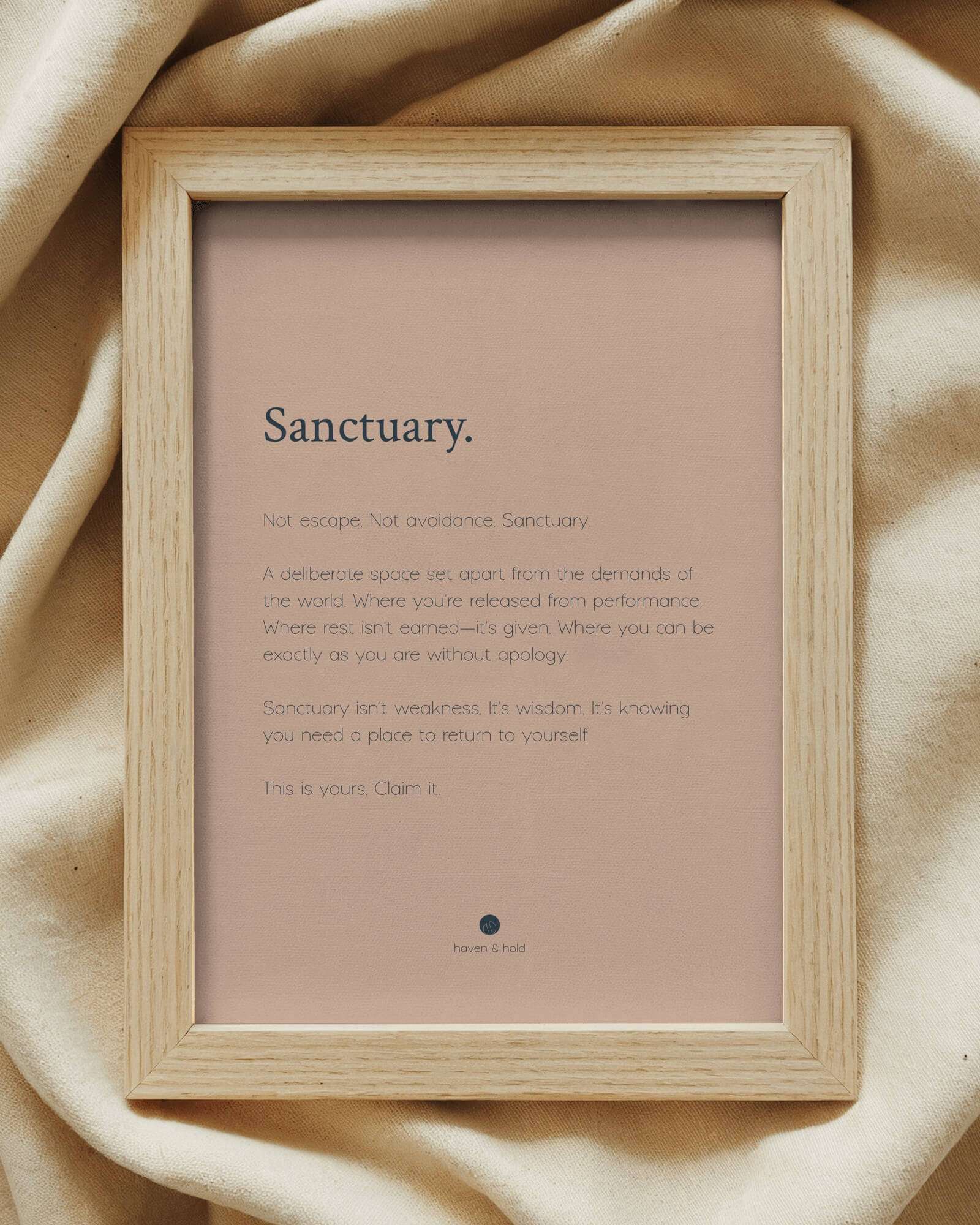 Sanctuary framed wall art print on shelf display