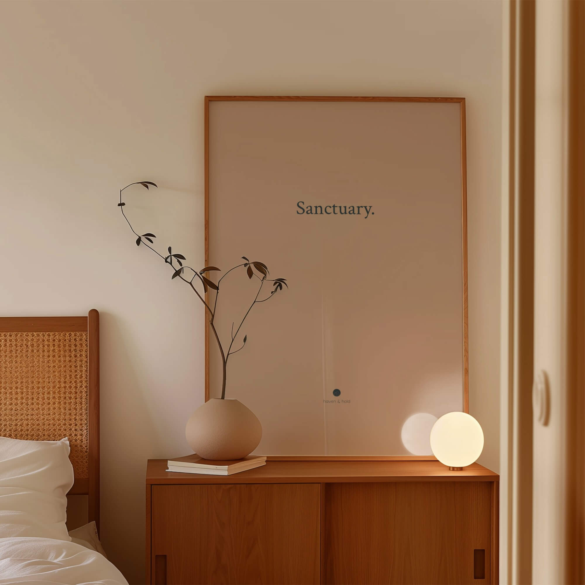 Sanctuary framed typography print in oak frame