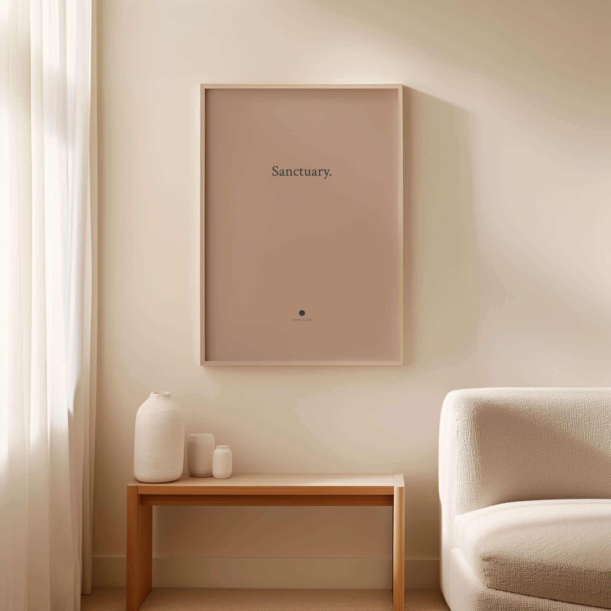 Sanctuary framed typography print in oak frame