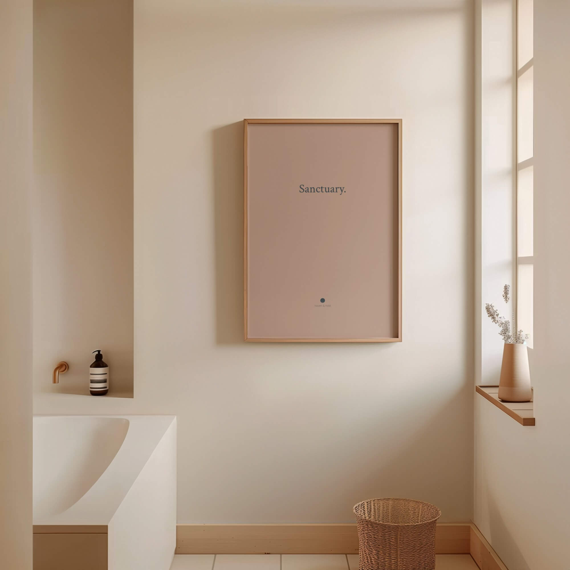 Sanctuary framed typography print in light wood frame