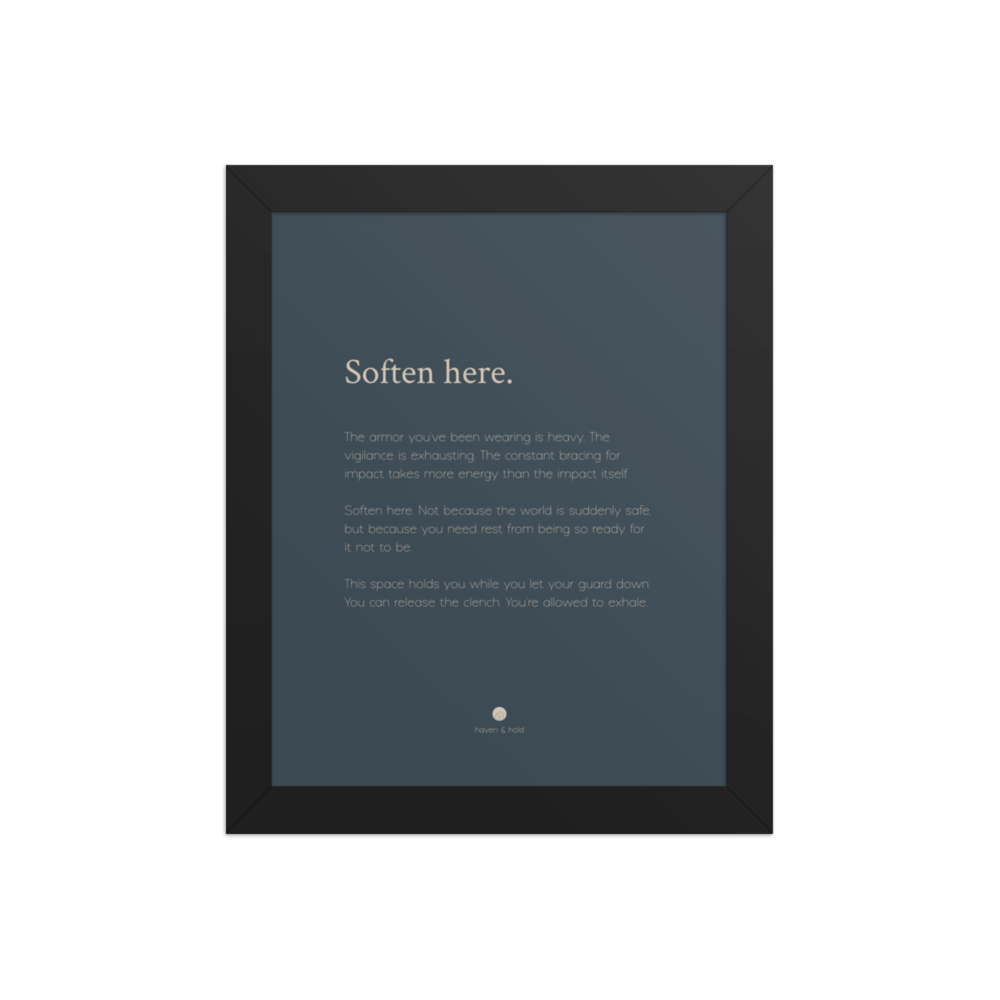 Soften Here framed wall art print in black frame, studio product view