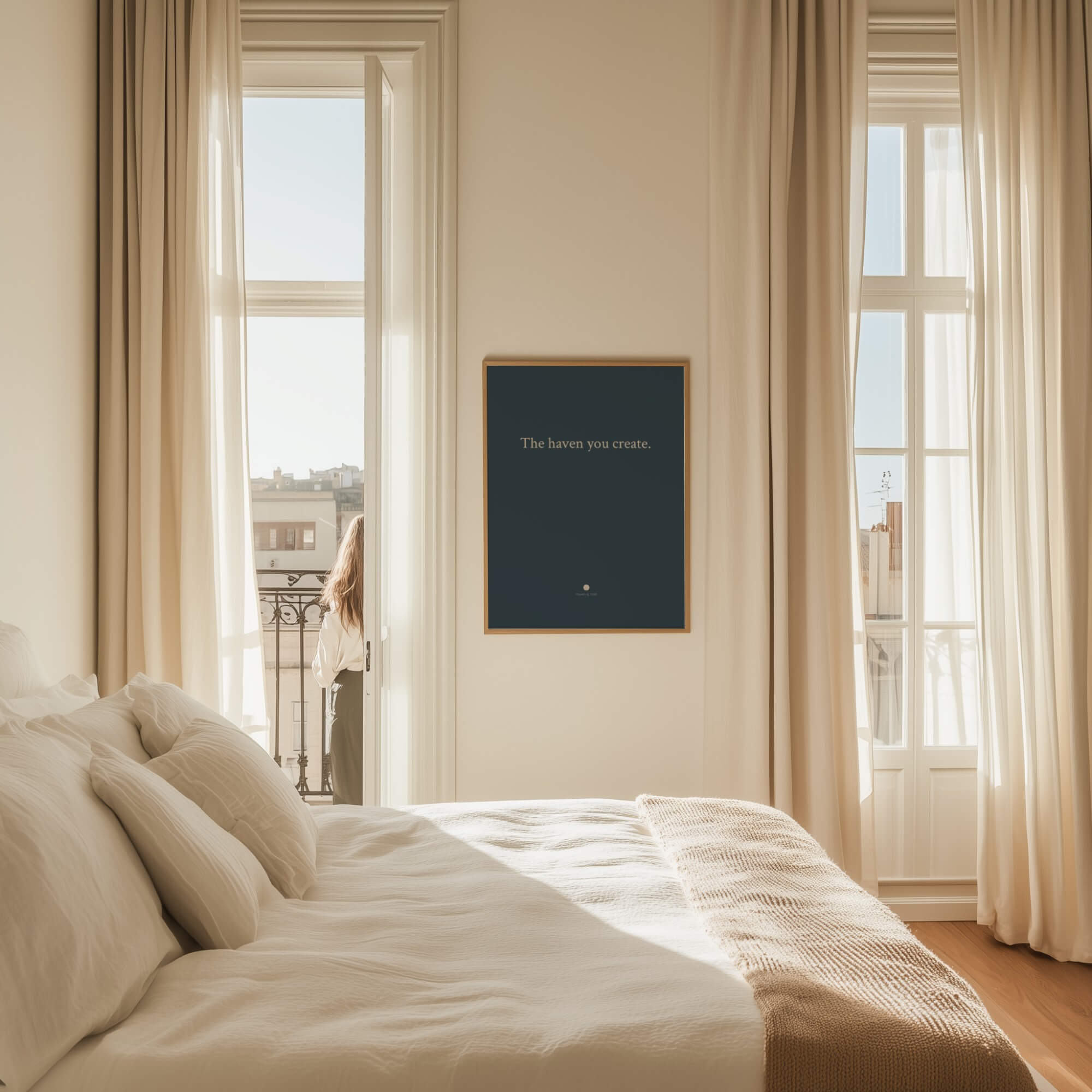 The Haven You Create typography print framed in a warm room setting, room context mockup