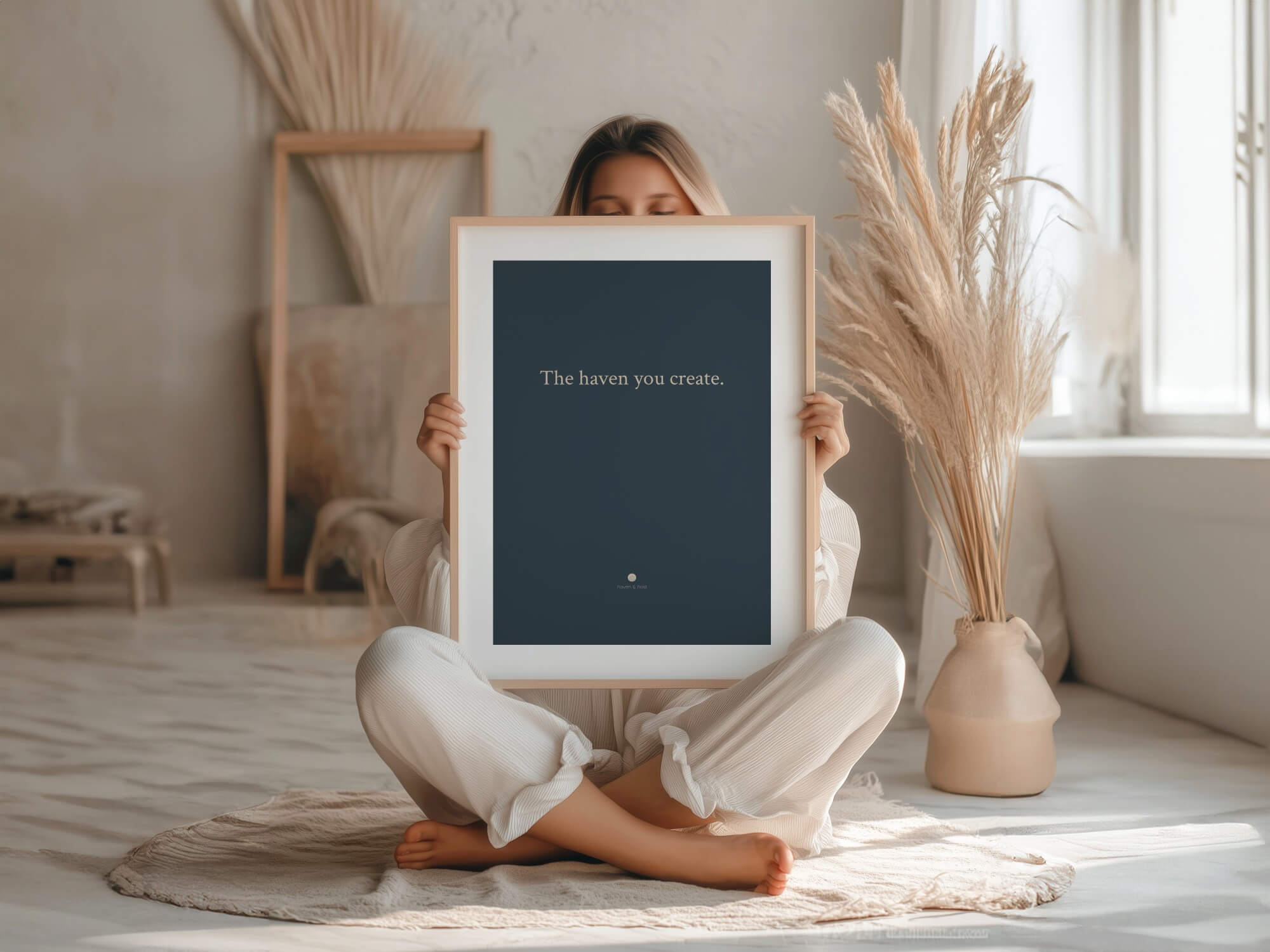 The Haven You Create typography print framed in a warm room setting, room context mockup