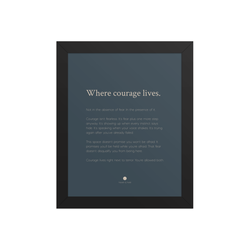 Where Courage Lives framed wall art print in black frame, studio product view