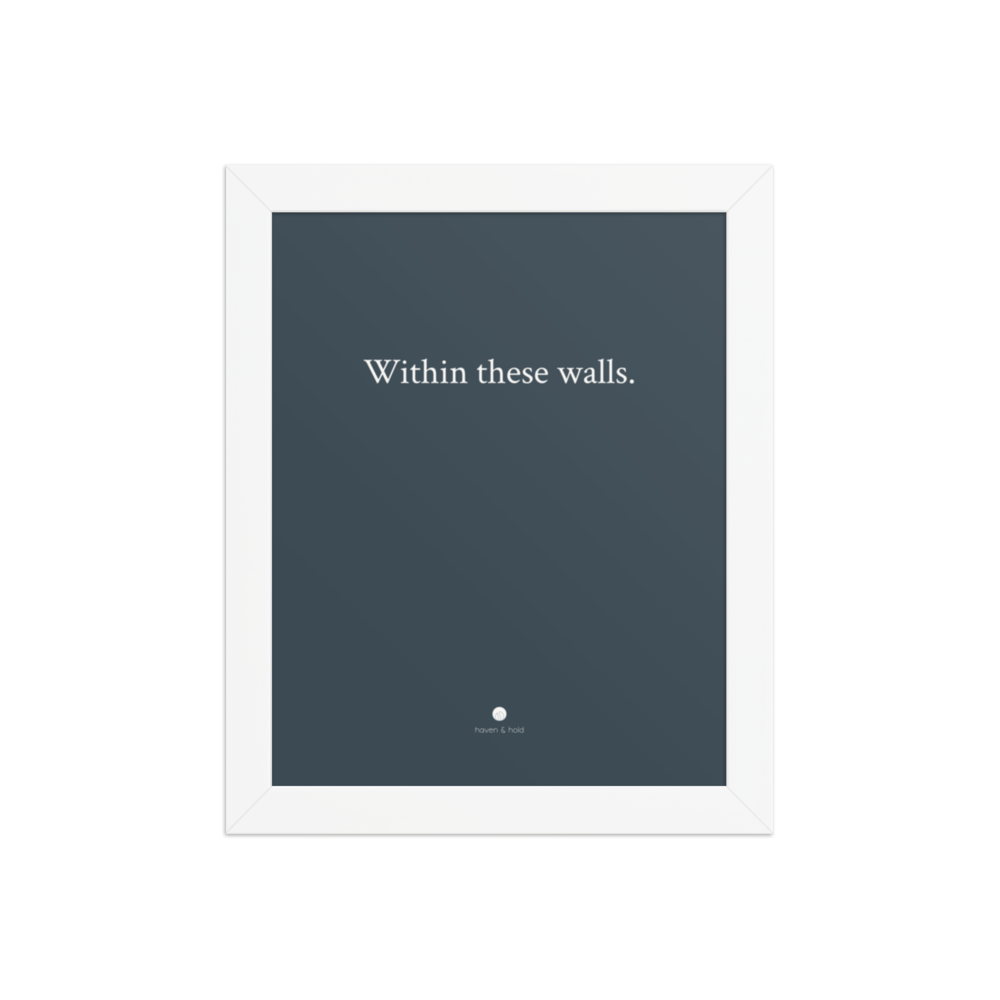 Within These Walls framed typography print in white frame, studio product view