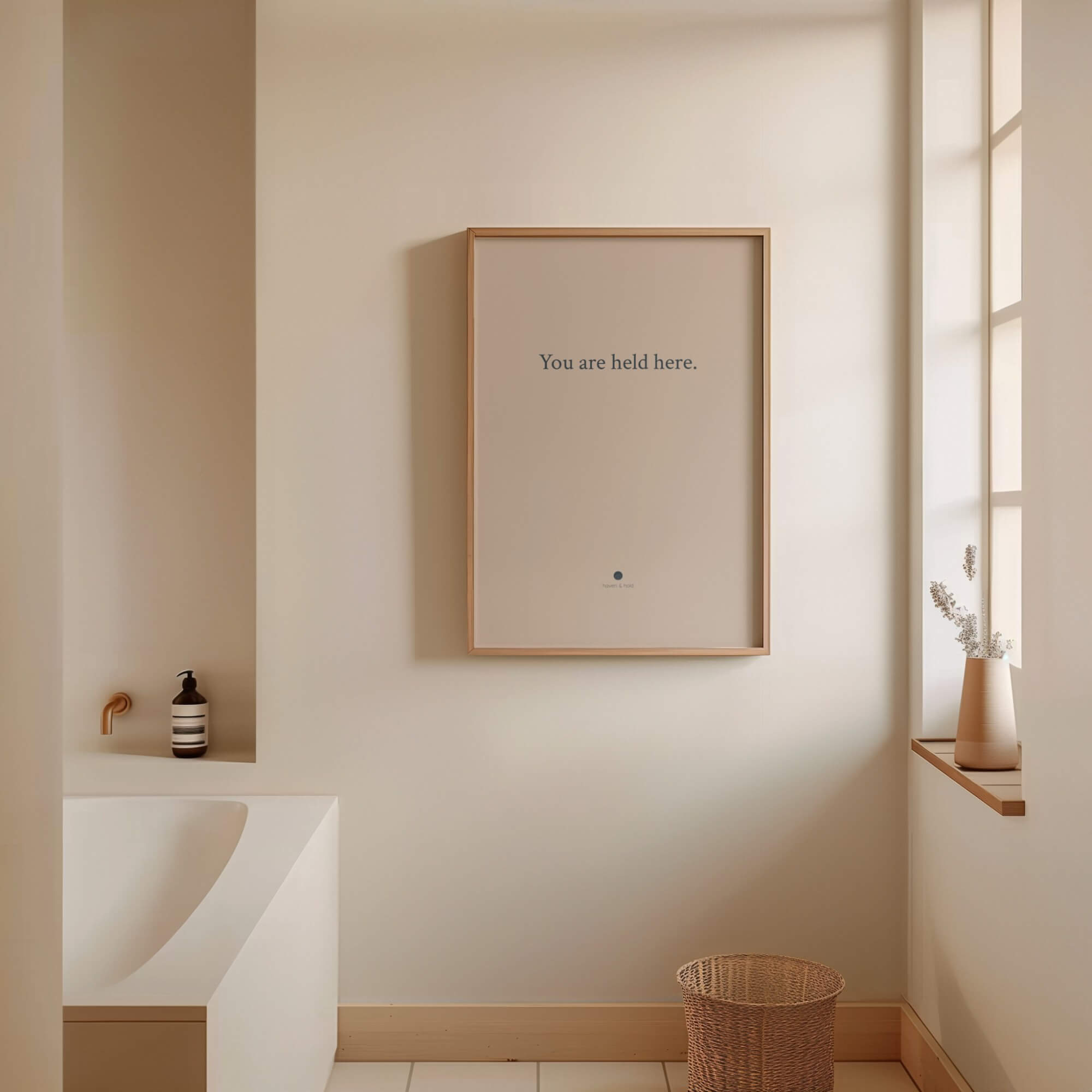 You Are Held Here framed typography print in light wood frame