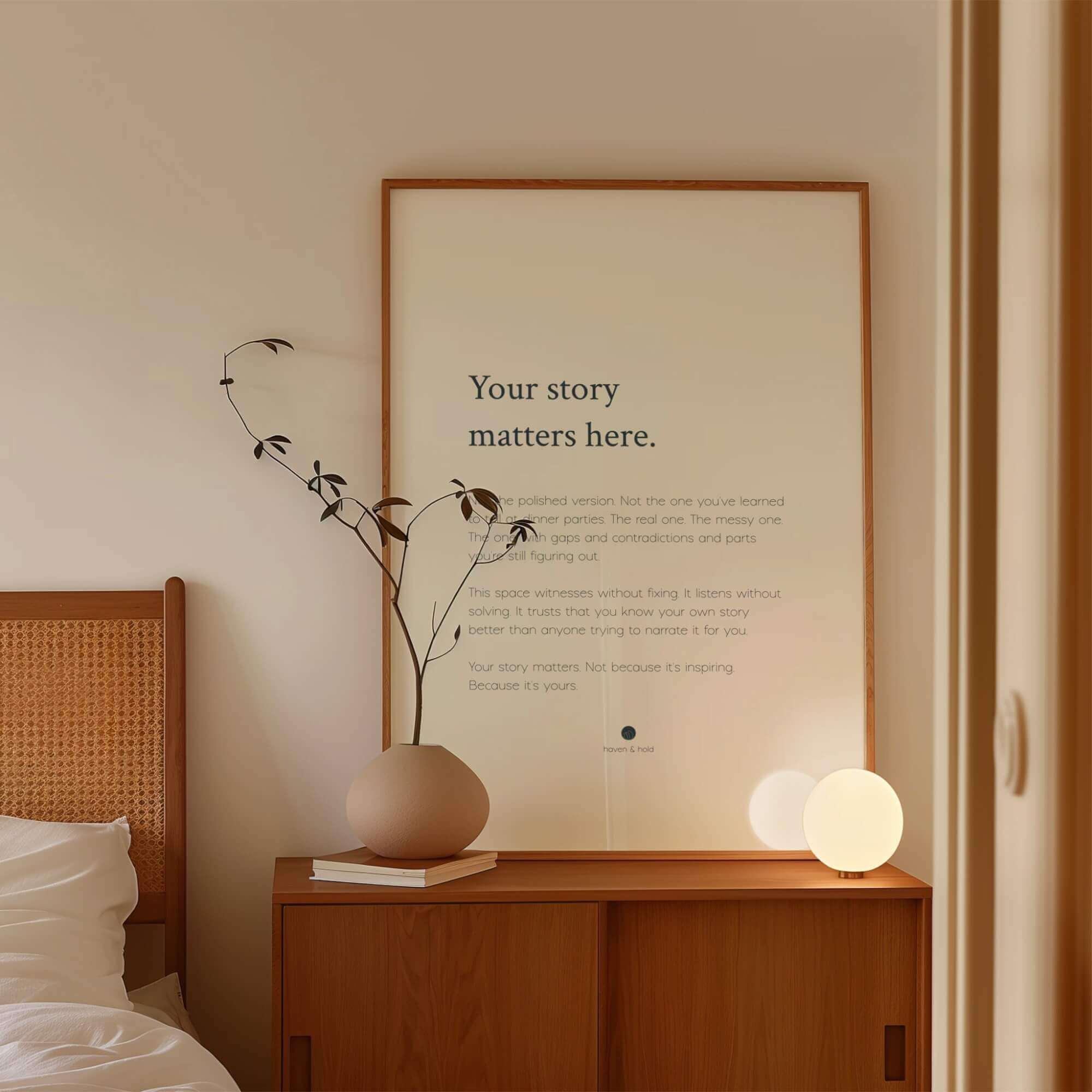 Your Story Matters Here wall art print framed in a neutral room setting, room context mockup