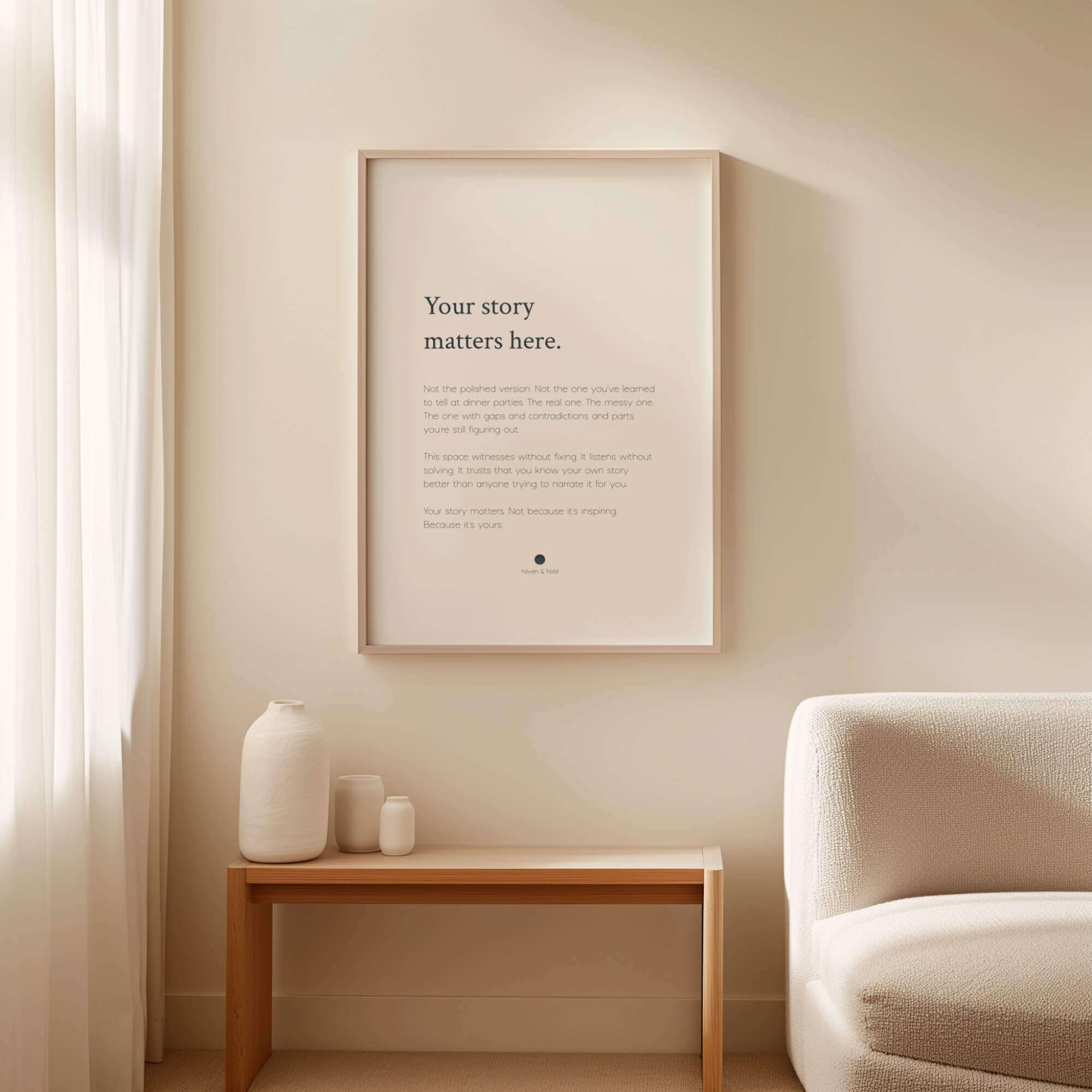 Your Story Matters Here wall art print framed in a neutral room setting, room context mockup